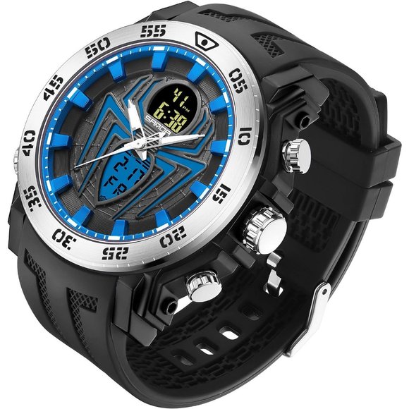 KXAITO Men's Black and Blue LED Stopwatch Digital Electronic Large Dual Watch - Picture 2 of 6